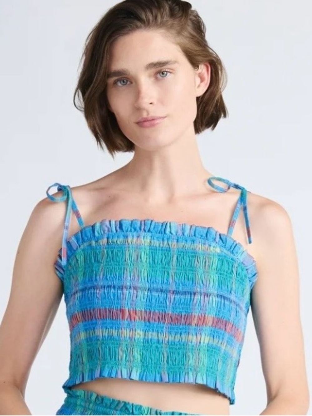 Smocked Tie-Strap Crop Top in Turquoise Plaid